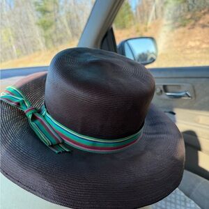 Elegant Brown Hat with Green and Red Ribbon